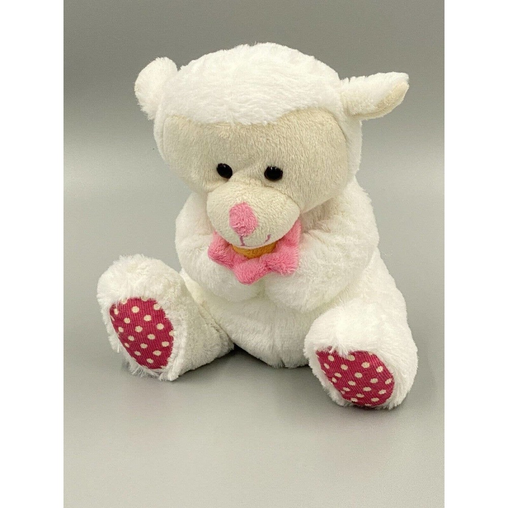 Animal Adventure 7” White Stuffed Lamb Plush Polka Dot Feet Holding Flower 2017